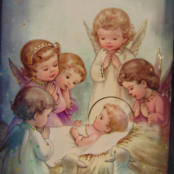 Angels Watching Over Baby, Wood Frame, 7.9 x 4.9 - Picture 3 of 7